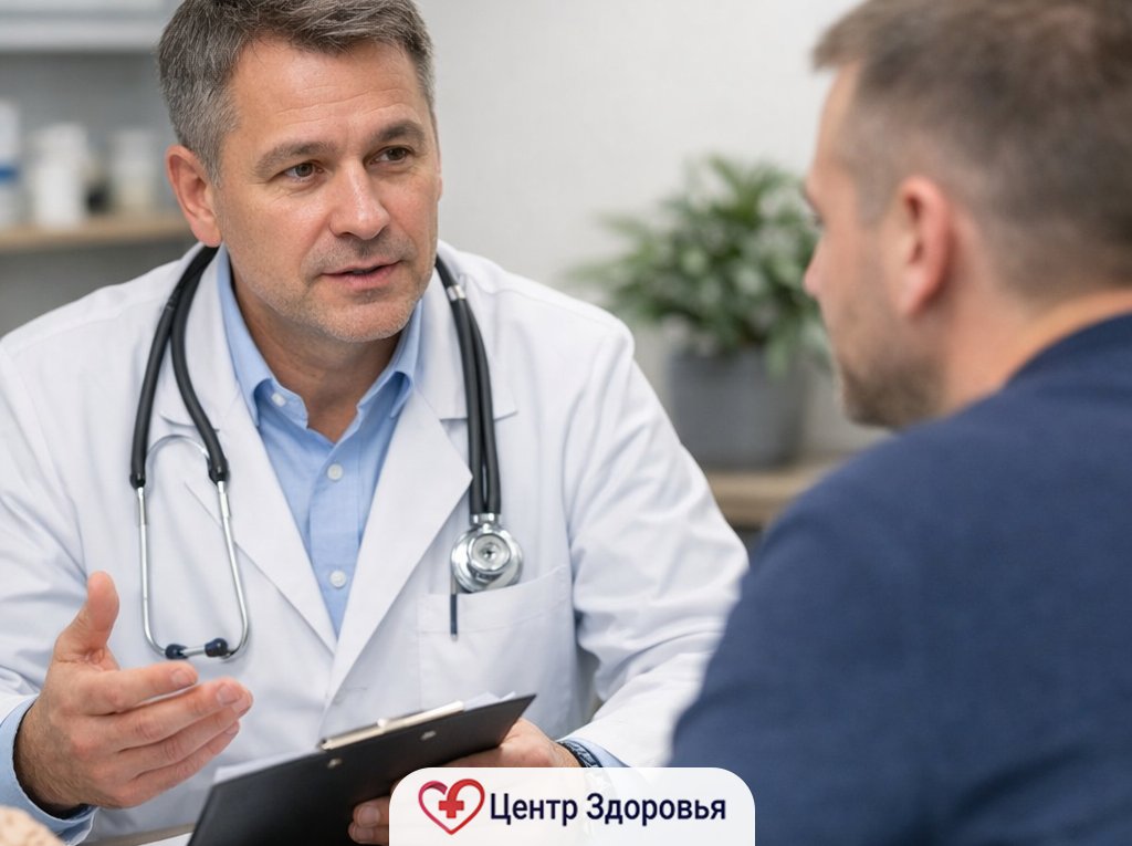 Врач консультирует пациента в частном наркологическом стационаре